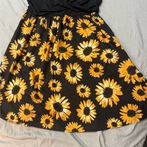 Sunflower Print Black Midi Dress
